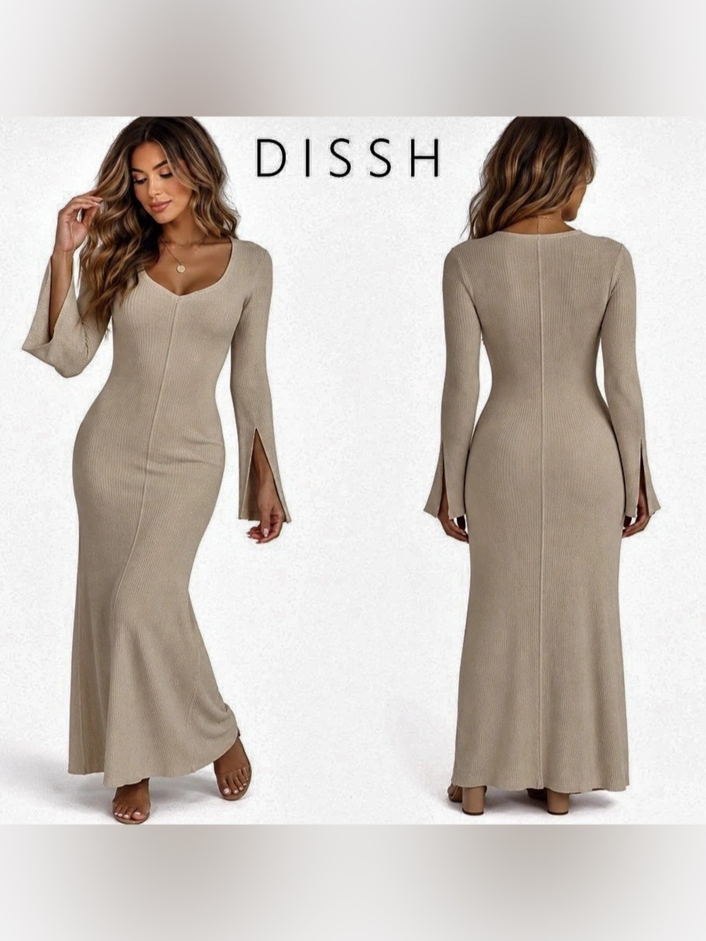 DISSH Size Small Cream Ribbed Knit Maxi Dress Long Sleeve Split Cuff Bodycon